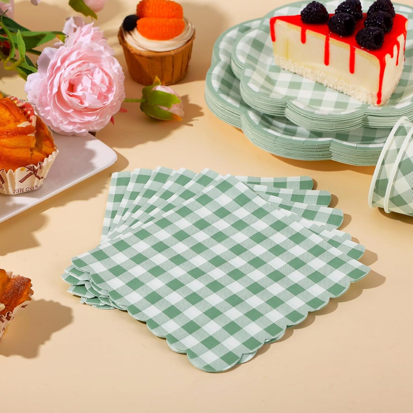 175 Pcs Sage Green Gingham Paper Plates and Napkins Party Supplies - Sage Green and White Checkered Plates Scalloped Plaid Plate for Birthday Dinner Picnic BBQ Party Decorations, Serve 25 Guests