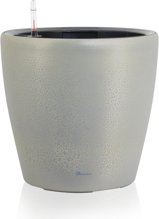 Dexceder 13x12 Self Watering Planter with Wheels Indoor Outdoor, Inner Pot Design, Thickened Large Floor Standing Flower Plant Pot with Water Level Indicator (Grey Gold Crackle)