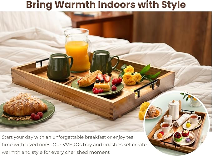 Acacia Wooden Ottoman Tray for Living Room – 21" Large Coffee Table Serving Tray with Handles & 6 Coasters Set, Perfect for Food, Drinks, Kitchen, and Home Decor