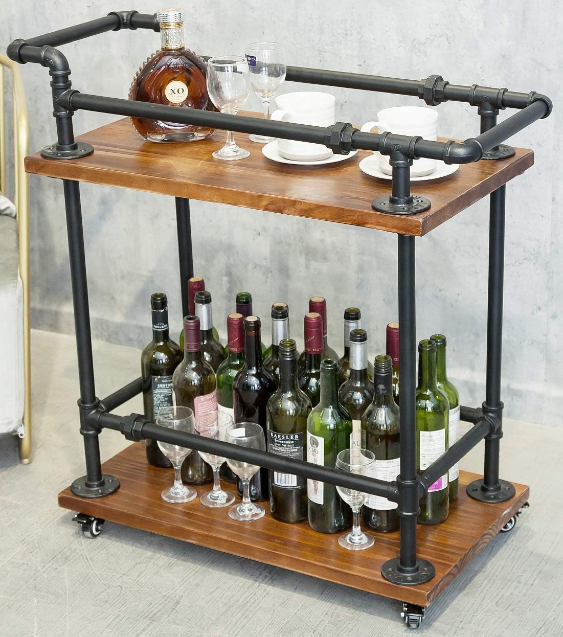 Industrial Pipe Bar Carts/Serving Carts/Kitchen Carts/Wine Rack Carts on Wheels with Shelves - Wood Rolling Carts - Wine Tea Liquor Shelves/Holder - Home Furniture