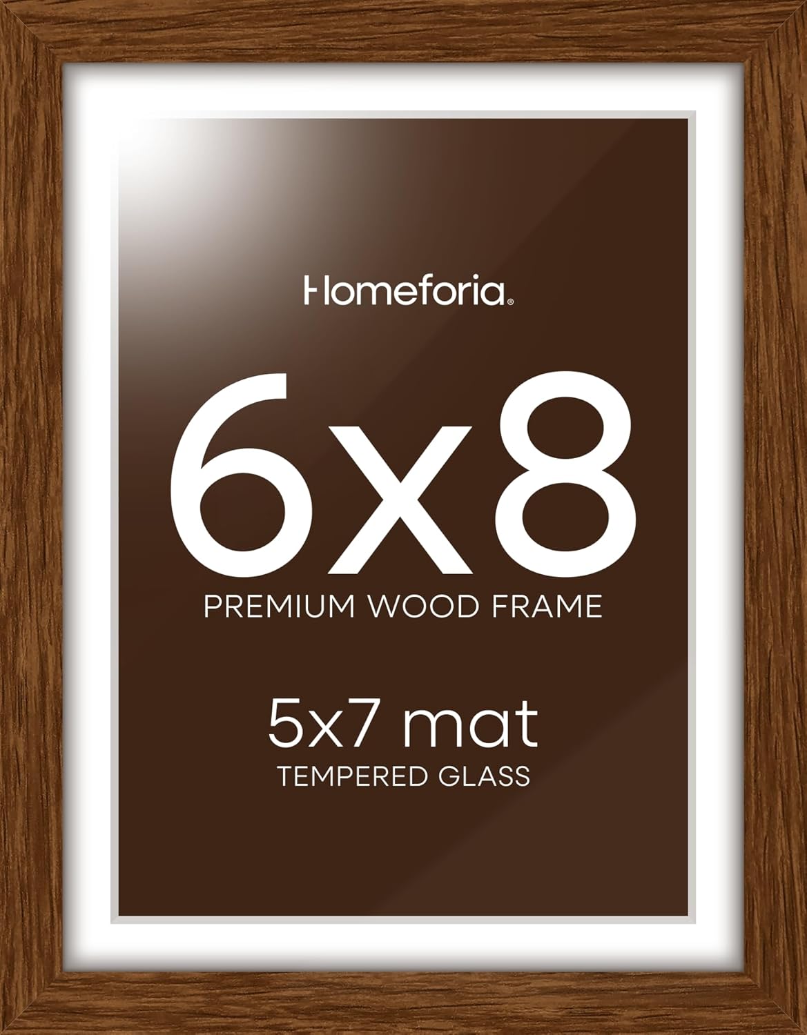 Homeforia 6x8 Picture Frame Brown Wood, High End Dark Oak 6x8 Walnut Wooden Frames with Mat 5x7 Photo, 6 x 8 Frame Matted to 5 x 7 Print, 8x6 Wall or Tabletop Frame, Tempered Glass, Wall Kit, Set of 1