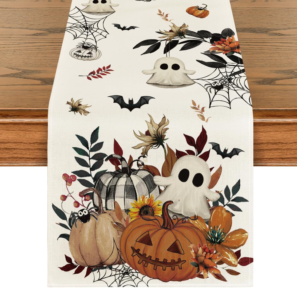 Artoid Mode Pumpkin Ghost Leaves Spider Web 210 GSM Halloween Table Runner, Spooky Kitchen Dining Table Decoration for Home Party Decor 13x60 Inch