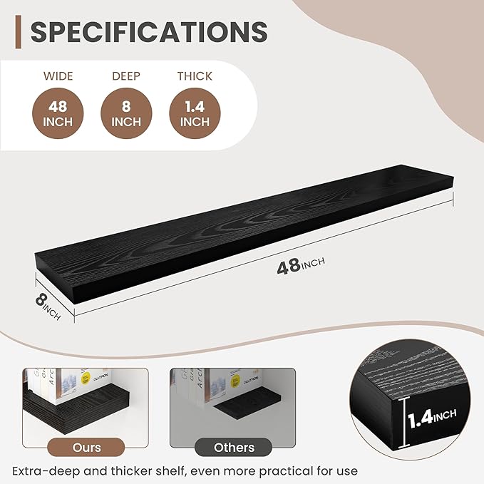 48 Inch Floating Shelves, 8 Inch Deep Floating Shelves for Wall, Hanging Shelf with Invisible Brackets, Deep Shelves for Bathroom, Bedroom, Living Room, Black, Set of 1