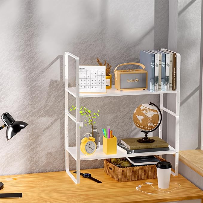 iPEGTOP Expandable Cabinet Storage Shelf Organizer Rack, 2 Pack Heavy Duty Steel Metal Spice Rack Adjustable Height Garage Pantry Shelf Space Riser for Counter Kitchen Organization, White