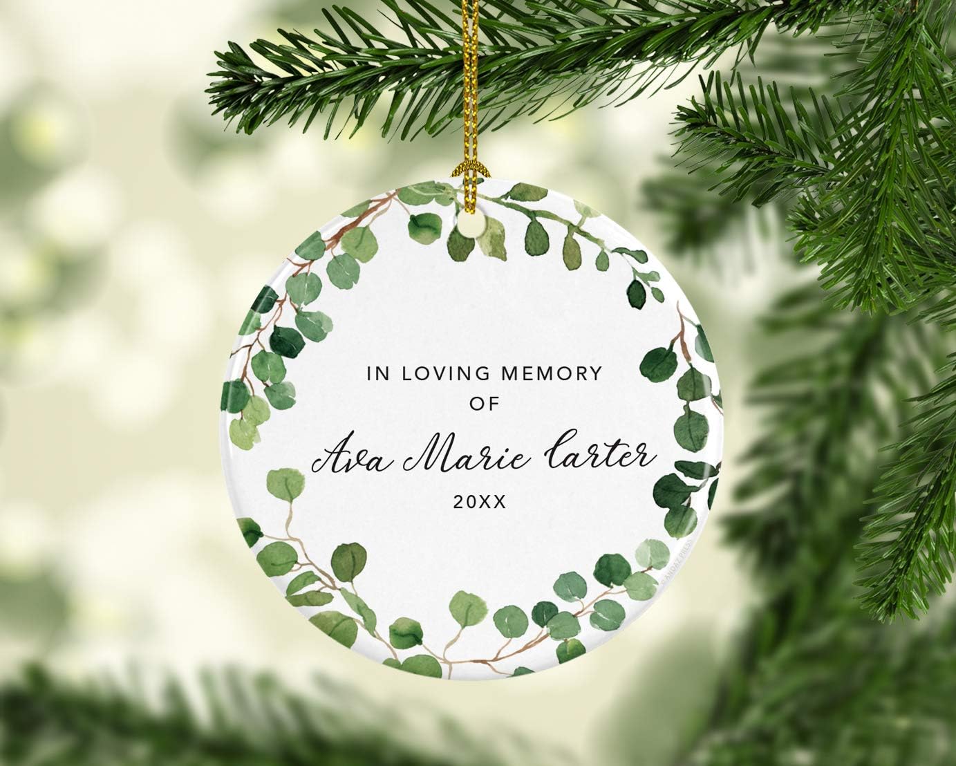 Andaz Press Personalized Round Ceramic Porcelain Christmas Tree Keepsake Gift, in Loving Memory of Ava Marie Carter, Farmhouse Eucalyptus Wreath, 1-Pack, Custom Memorial Bereavement Gift Ideas