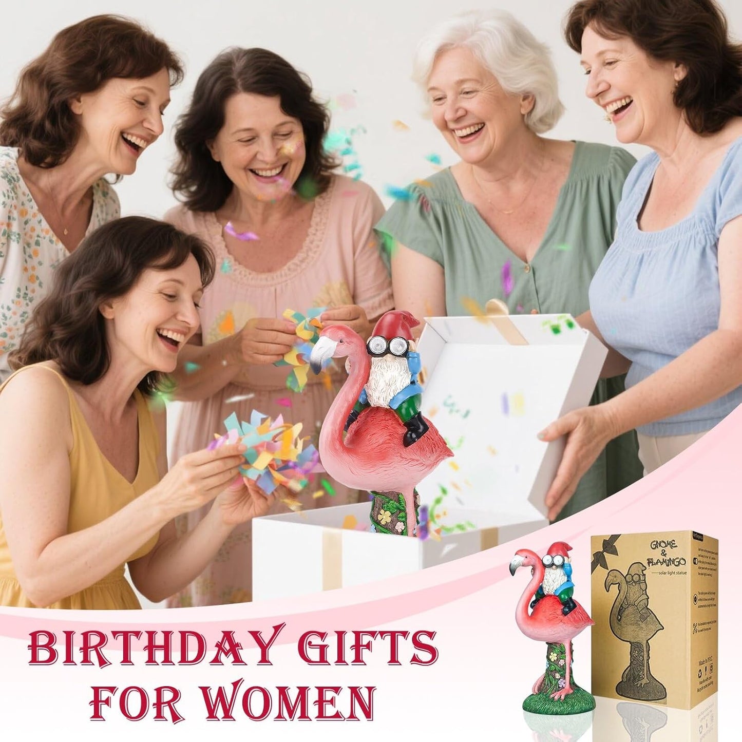 Solar Flamingo Gnome Garden Decor Statue, Outdoor Funny Solar Light Decoration for Yard, Patio, Lawn, Unique Housewarming, Birthday Gift for Women, Mom, Grandma