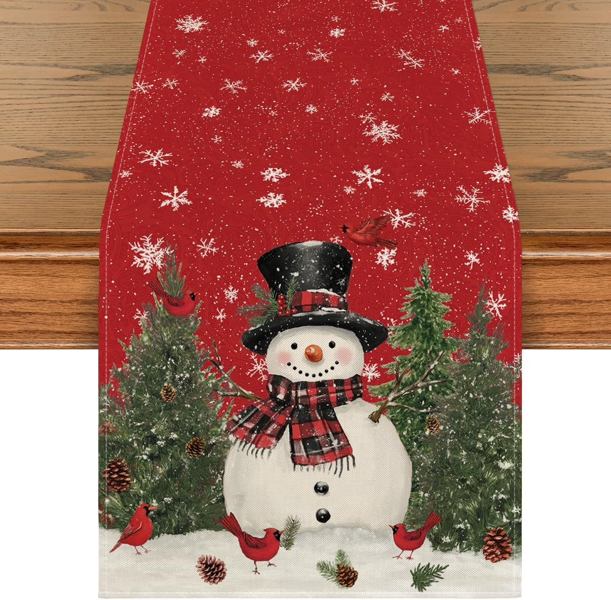 Artoid Mode Snowman Christmas Birds Trees Table Runner, Seasonal Winter Xmas Holiday Kitchen Dining Table Decoration for Indoor Outdoor Home Party Decor 13 x 48 Inch