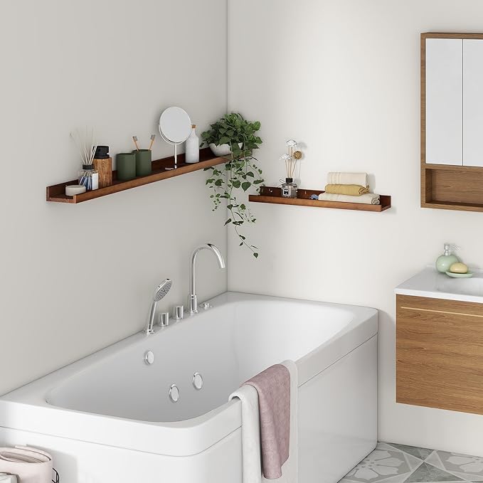 Picture Ledge Wall Shelves 24 inch Width Set of 2, Solid Pine Wood Rustic Floating Ledge Shelves for Wall for Kids' Room Bedroom Kitchen Bathroom Living Room Nursery Display Wall Decor, Walnut