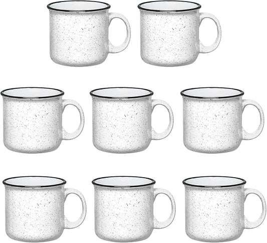 Set of 8 Ceramic Campfire Mugs – 15 Oz, White – Coffee & Tea Cups for Home, Work, Travel, Camping – Customizable, Great for DIY, Events, Companies