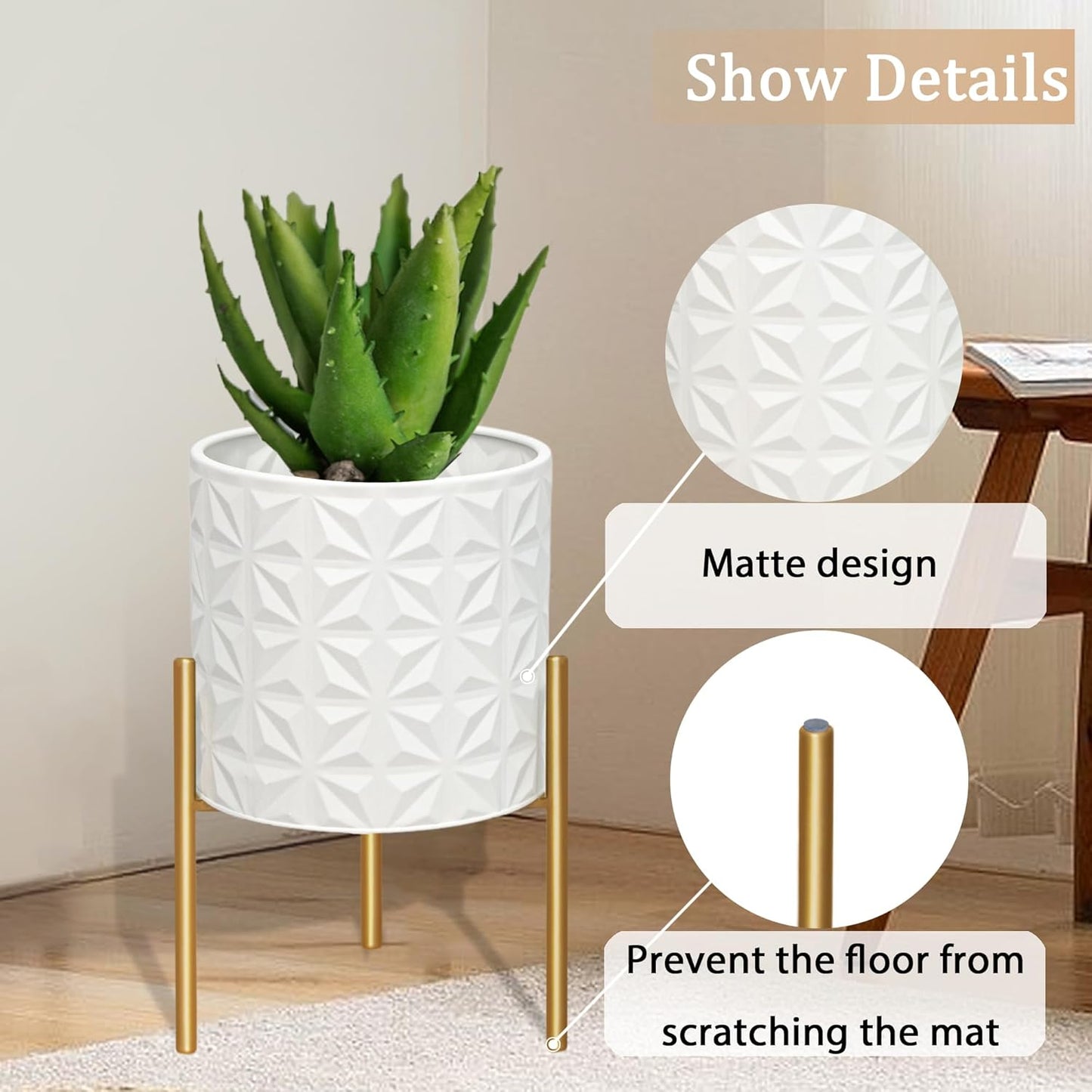 ARNIS Modern Planter Pots, Set of 2 Large Planters with Stand, Decorative Planters, Metal Pots with Drainage Holes for Living Room, Office, Garden or Balcony, 8.25 &10.5 Inch, Matte White