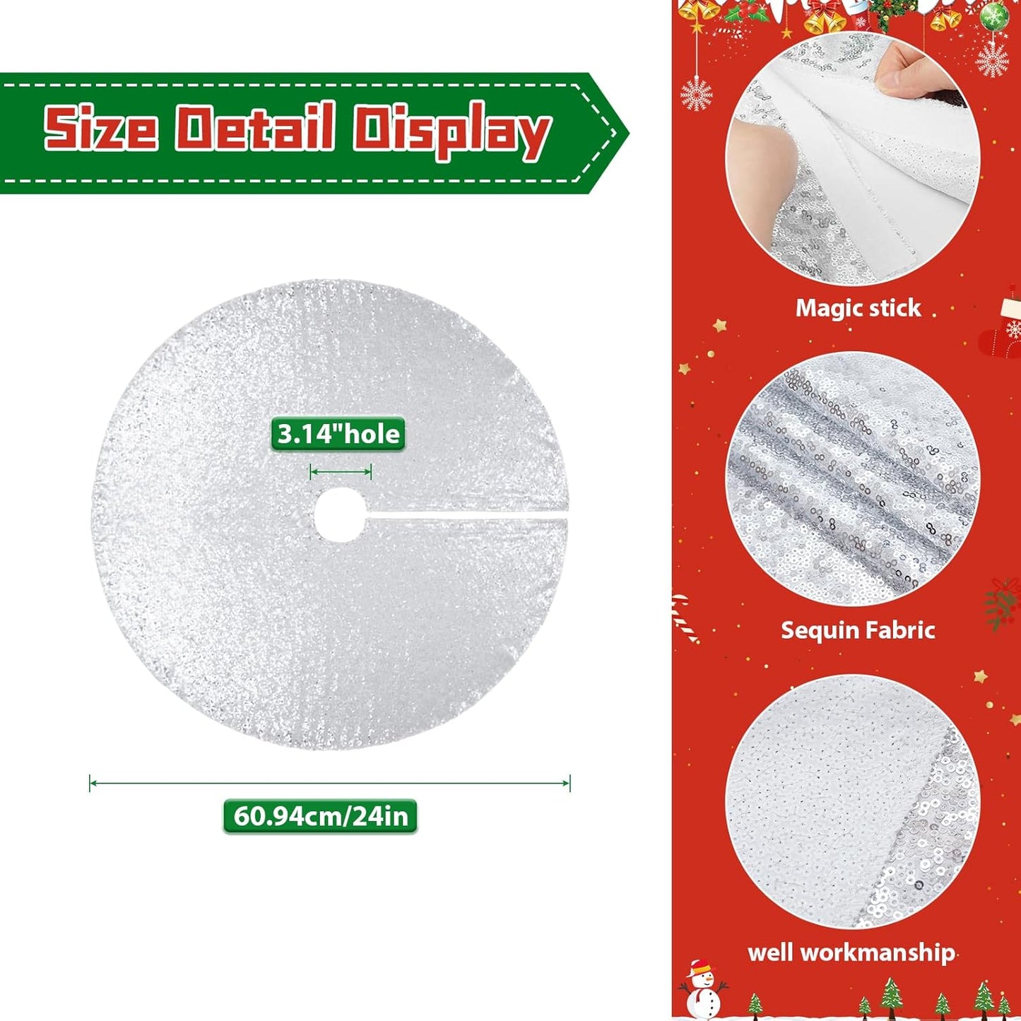 Eternal Beauty Christmas Tree Skirt, 24 Inch Silver Sequin Tree Skirt Small Xmas Tree Skirt for Christmas Tree Decorations