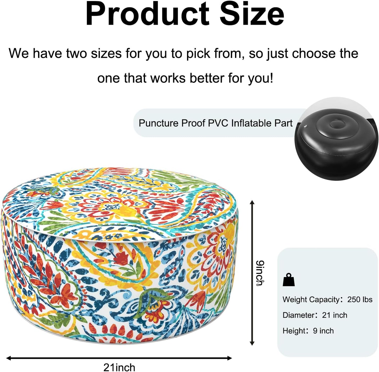 Inflatable Ottoman Stool D21 xH9 for Outdoor/Indoor Use, Water Repellent Patio Foot Rest Stool with Portable Handle,Round Pouf Ottoman Suitable for Garden,Deck and Camping - Paisley Multi