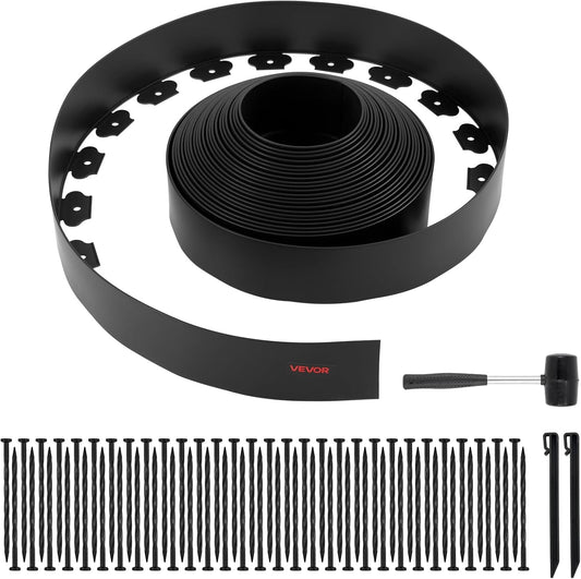 VEVOR Landscape Edging, 66 ft x 4 in Plastic Garden Border Edging with 60 Spikes & 2 Ground Stakes, No Dig, Flexible Lawn Edgings Roll, UV-Resistant Mini Fence Borders for Flower Beds Yard Paver