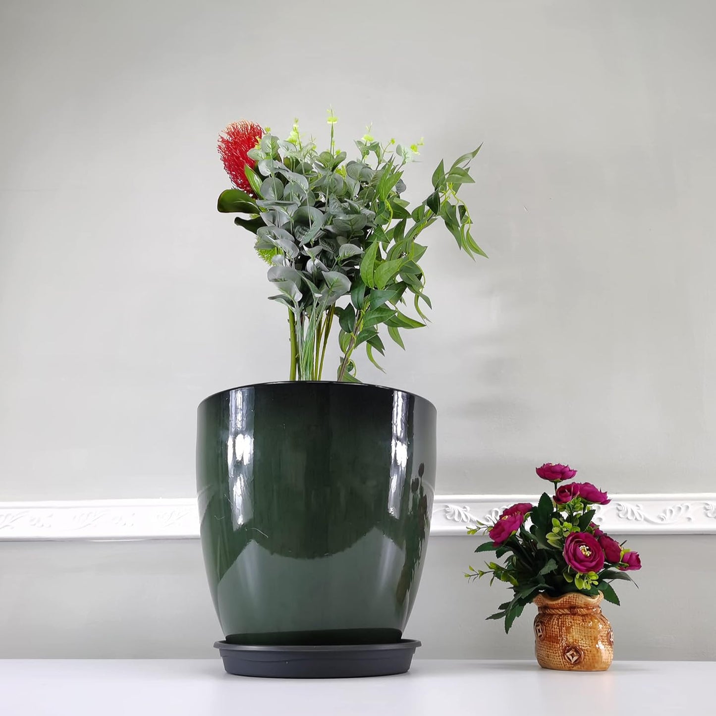 FixtureDisplays® Garden Green Plastic Round 11.8 Inches Diameter 11.8 Inches Tall Planter Resin Glazed Faux Ceramic Flower Pots Drainage Hole with Saucer Decorative Pot 15675-NF