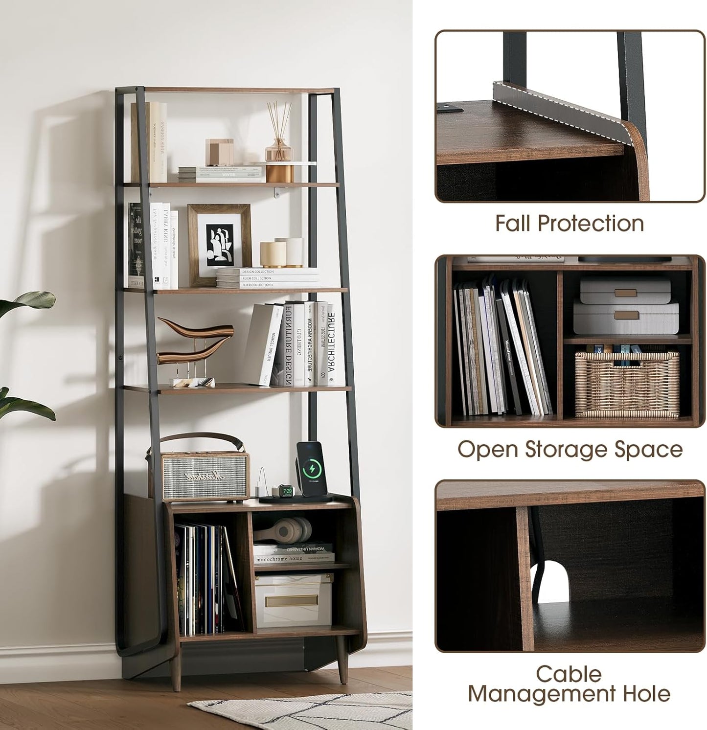 5 Tier Ladder Shelf with Cabinet, Mid Century Modern Bookshelf, Tall Bookcase with Charging Station, Wood and Metal Open Display Shelf for Living Room, Bedroom, Home Office, Walnut