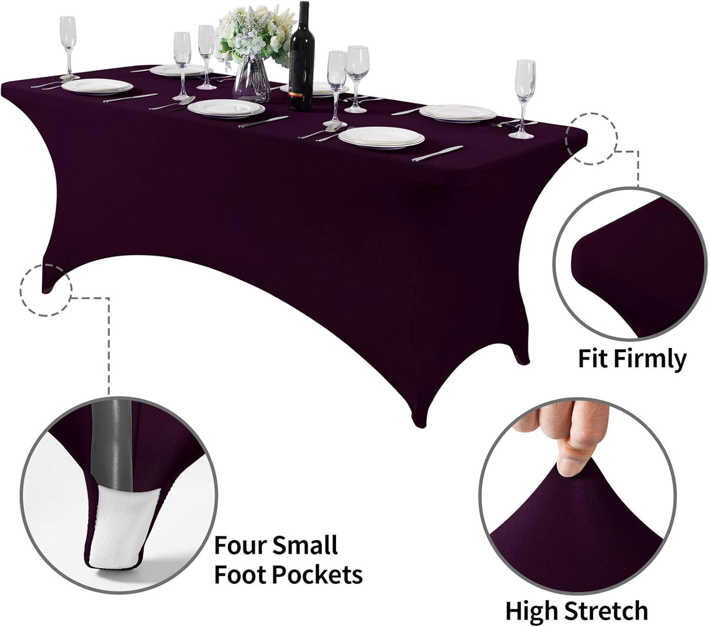 2Pack Spandex Table Cover for 6Ft or 4fT or 8ft Table Universal Fitted Stretch Tablecloth for Party, Banquet, Wedding and Events-Eggplant