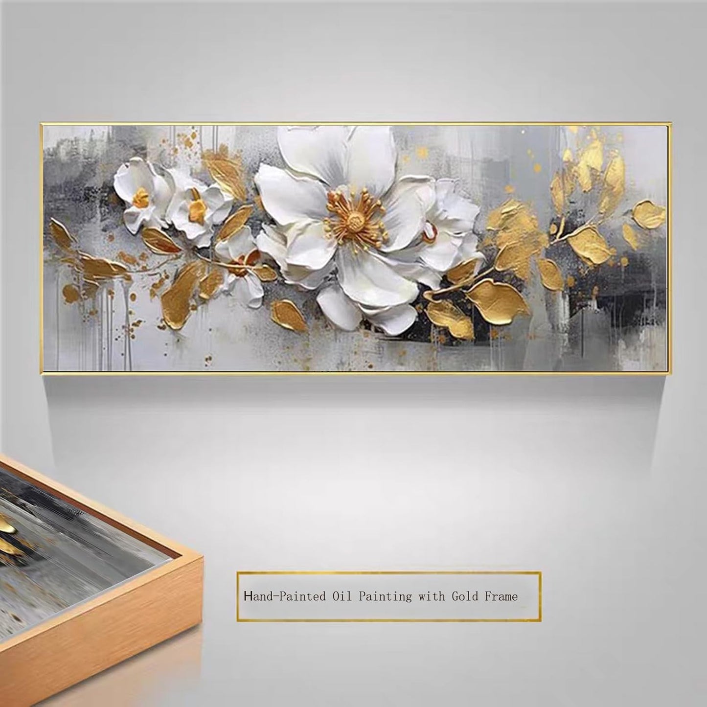 White Flower and Golden Leaf Wall Art for Living Room Hand Painted Floral Oil Painting on Canvas for Bedroom,Large Framed Artwork for Office Kitchen Wall Decor 24x56inch