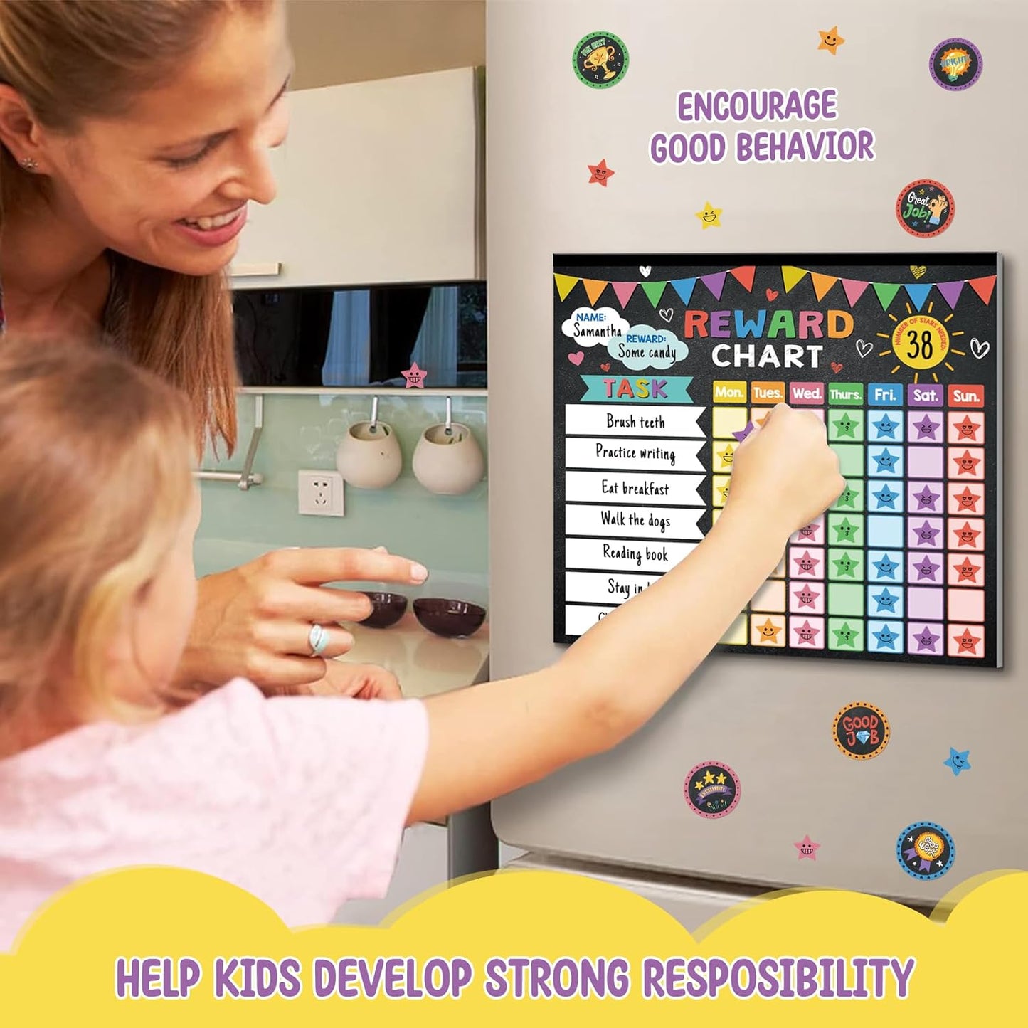 Reward Chart for Kids,Magnetic Behavior Chore Chart for Kids at Home,26 Black Chore Charts,1960 Star Stickers,56 Reward Stickers,Incentive Chore Chart to Develop Responsibility and Good Habits