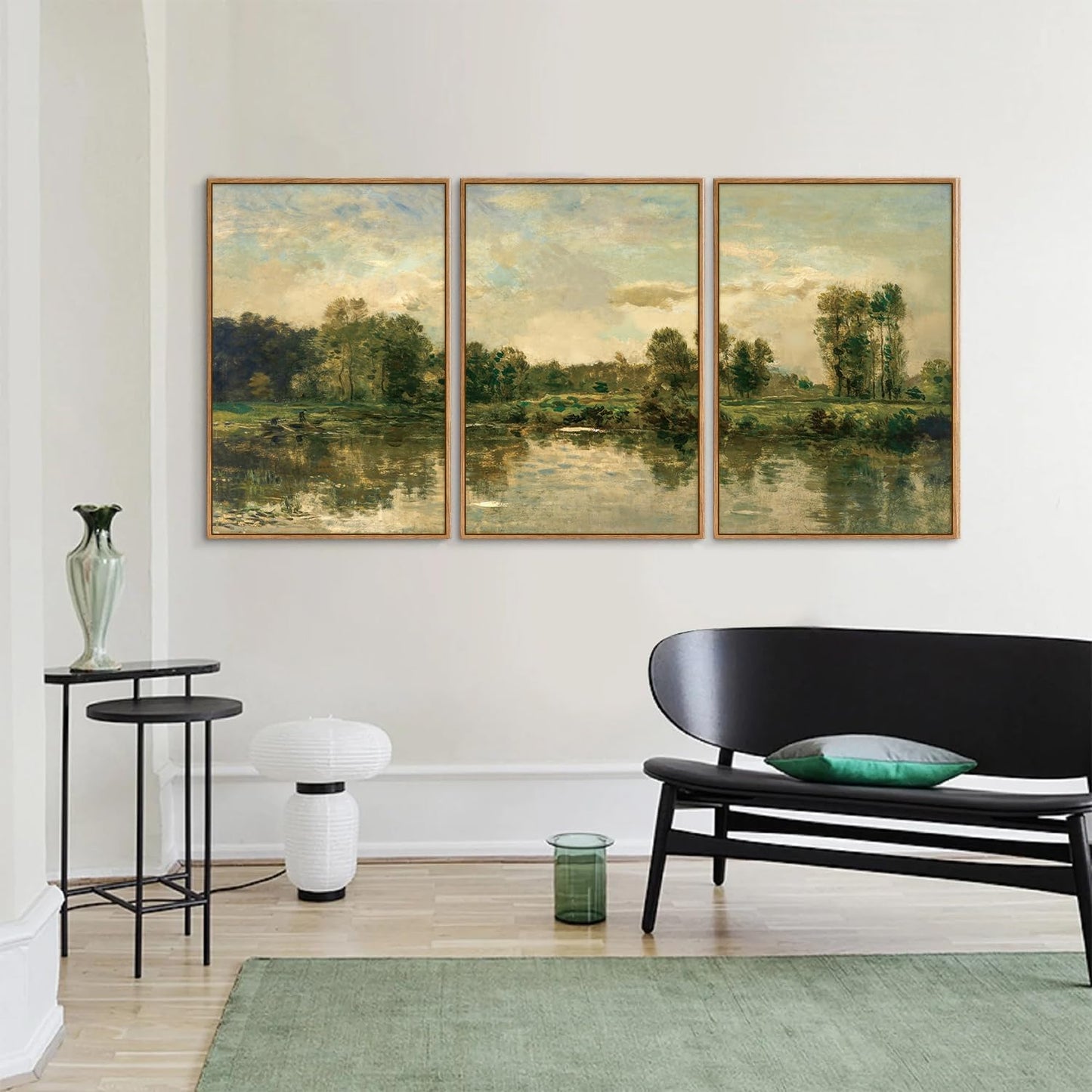 Tinonedraw Vintage Landscape Framed Canvas Wall Art Set of 3, French Country Art Prints, Nature Green Trees and Lake Art Paintings, Rustic Aesthetic Wall Decor for Living Room Bedroom Office 16"x24"x3