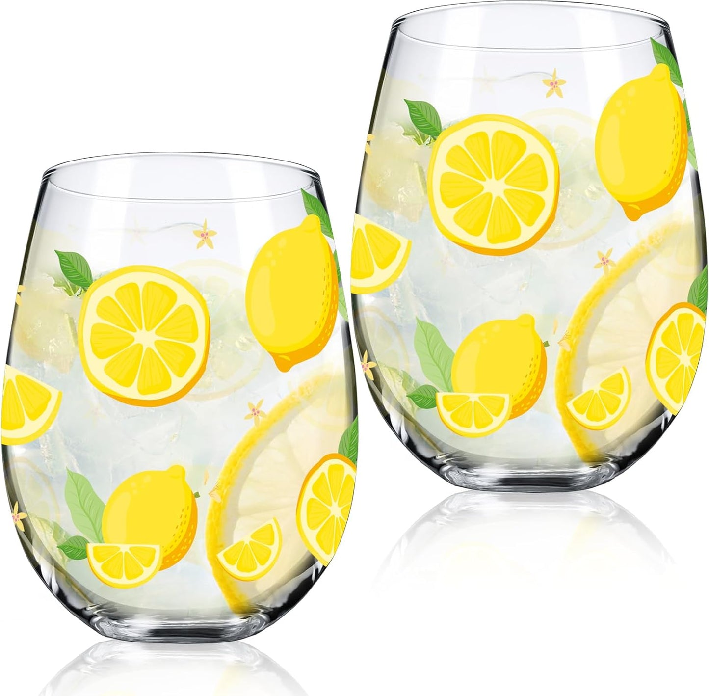 Sliner 2 Pack Lemon Stemless Wine Glasses 17oz Lemon Drinking Glasses Clear Stemless Wine Tumbler Unique Gift for Wedding, Mother's Day Birthday Drinking Party