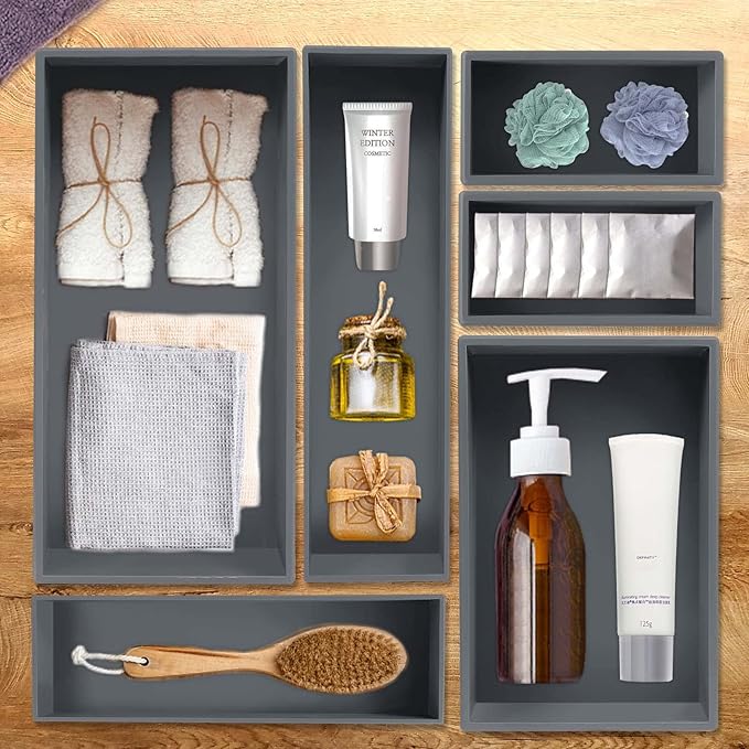 Bamboo Drawer Organizer - Kitchen Utensil Organizer Silverware Tray Cutlery Holder，Office Desk Supplies and Accessories,8.9 * 5.9 * 2.6,Grey