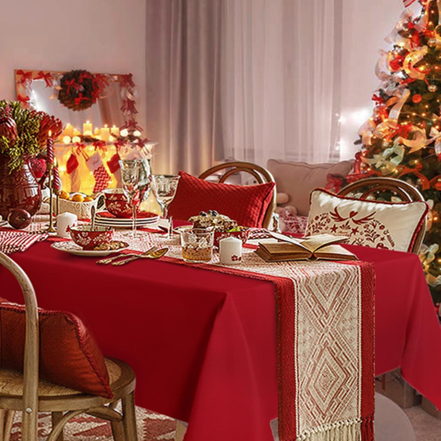 sancua Rectangle Tablecloth - 60 x 84 Inch - Stain and Wrinkle Resistant Washable Polyester Table Cloth, Decorative Fabric Table Cover for Dining Tables, Buffet Parties, Christmas Red