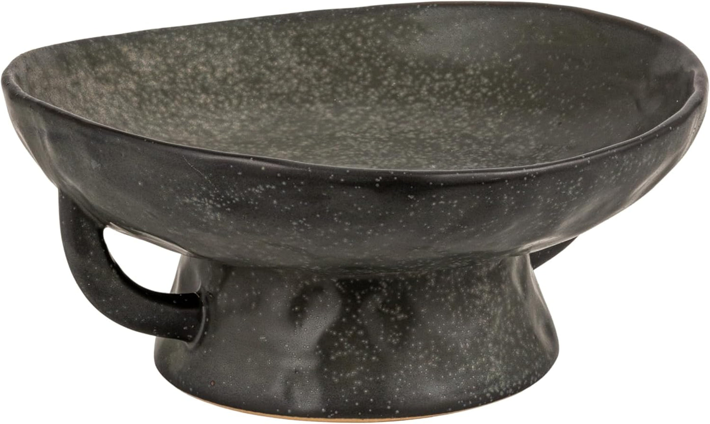 Creative Co-Op Stoneware Footed Pedestal/Bowl with Handles, Reactive Glaze, Black