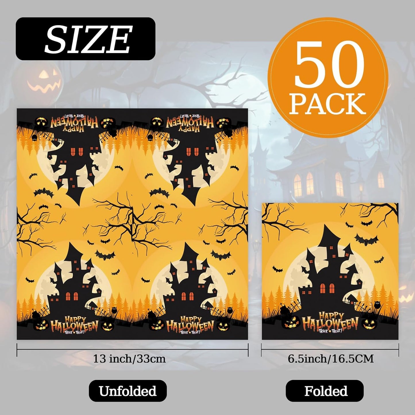 50 Pcs Halloween Napkins 6.5 x 6.5 inch, Pumpkin Bat Ghost Paper Napkins Disposable Holiday Cocktail Napkins for Dinner Bathroom Halloween Party Decorations