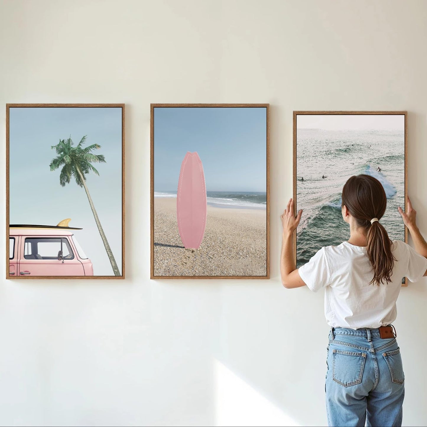 Tinonedraw Large Ocean Beach Framed Canvas Wall Art, Summer Coastal Surfboard Wall Decor, Palm Tree Pink Car Artwork, Modern Surfing Seascape Art Prints for Living Room Bedroom Office 16"x24"x3