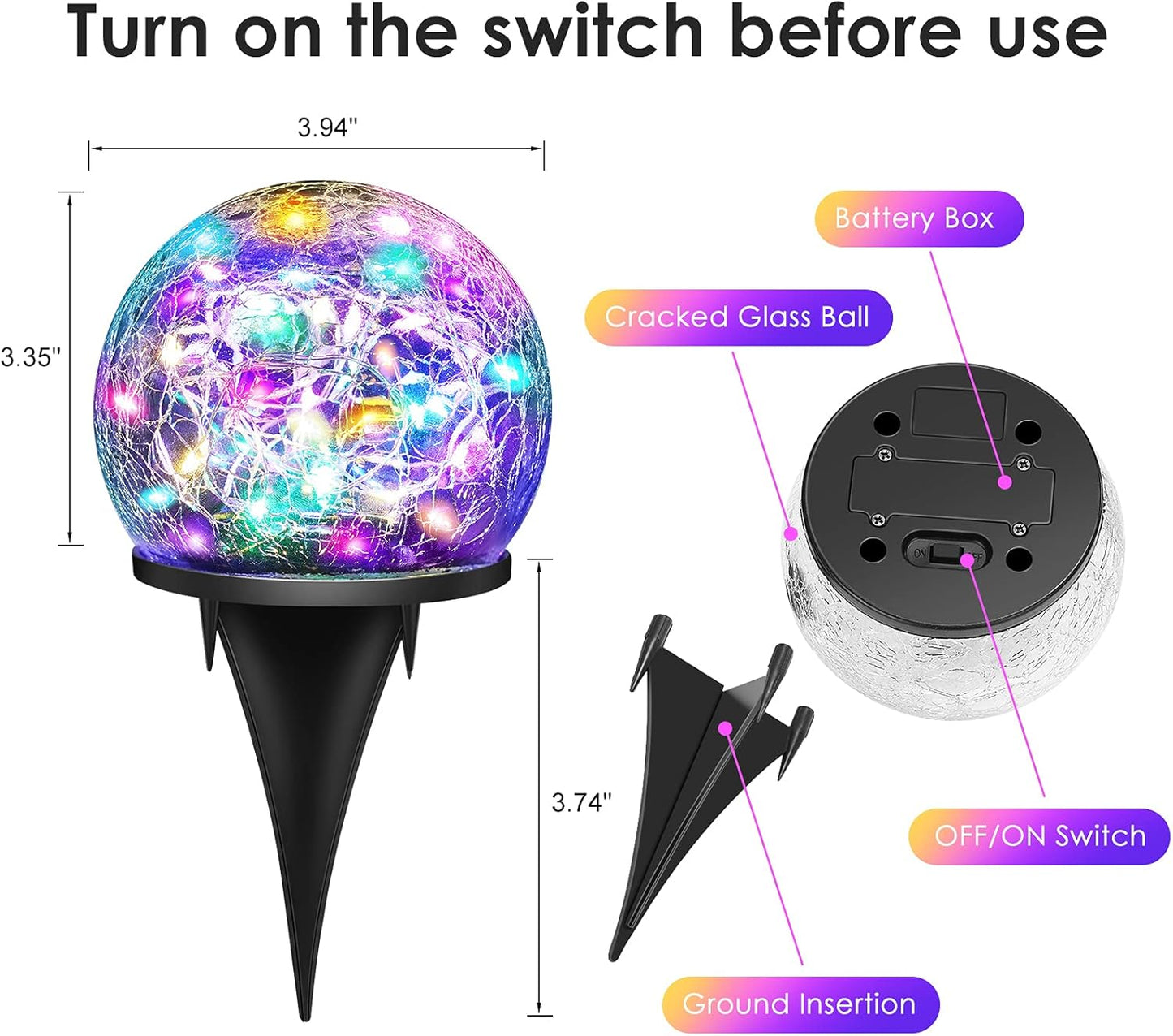 Solar Garden Lights, 4 Pack 120 LED Multicolor Cracked Glass Outdoor Decorative, Upgraded Waterproof Ball for Yard Pathway Patio Lawn Christmas Outside Decor, 3.94"