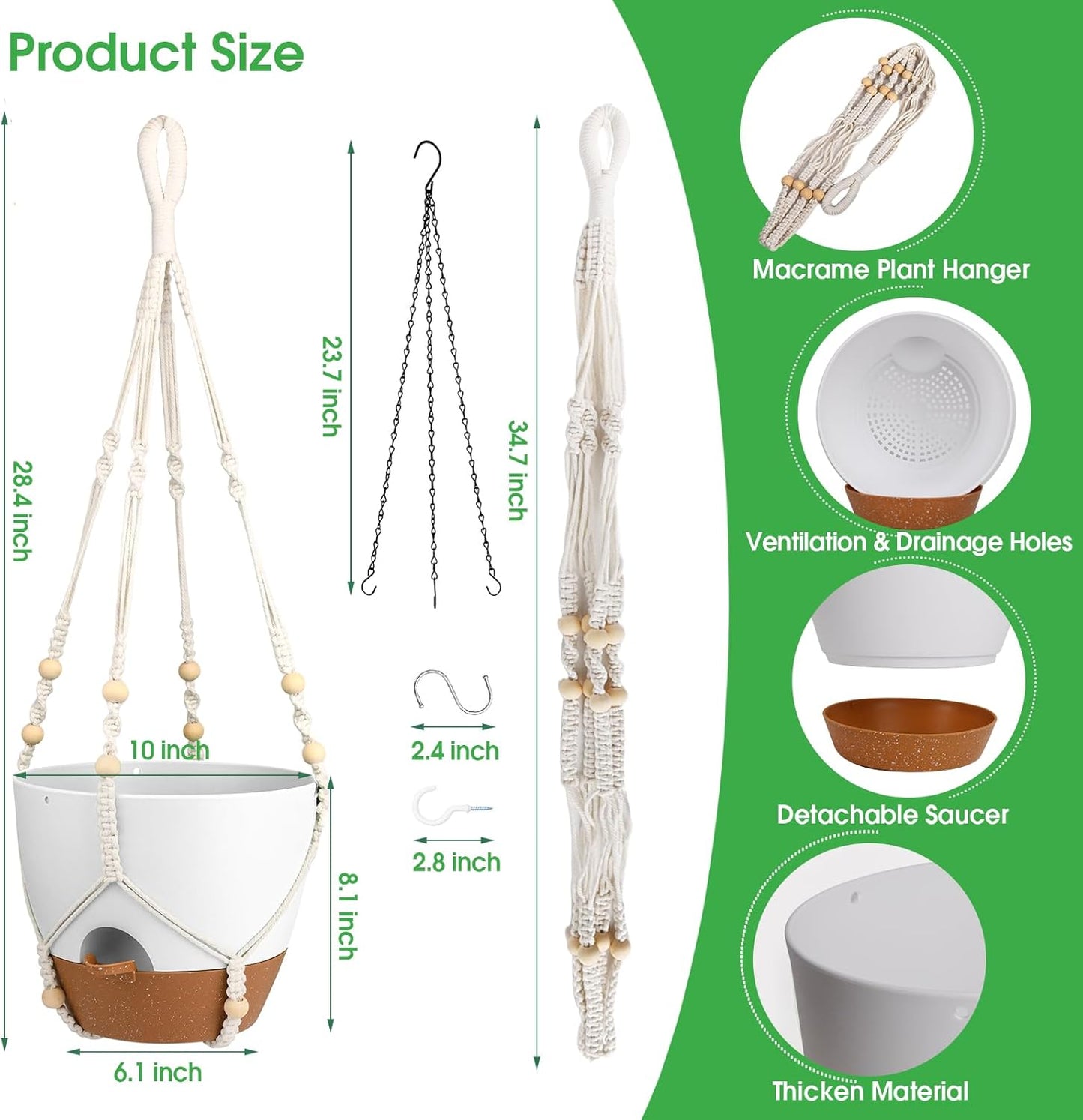 Hanging Planters for Indoor Outdoor Plants, 2 Pack Self Watering Hanging Pot with Drainage Holes, Removable Tray & 2 Kinds of Plant Hangers, 10'' Hanging Flower Pots for Home Garden Decor, White