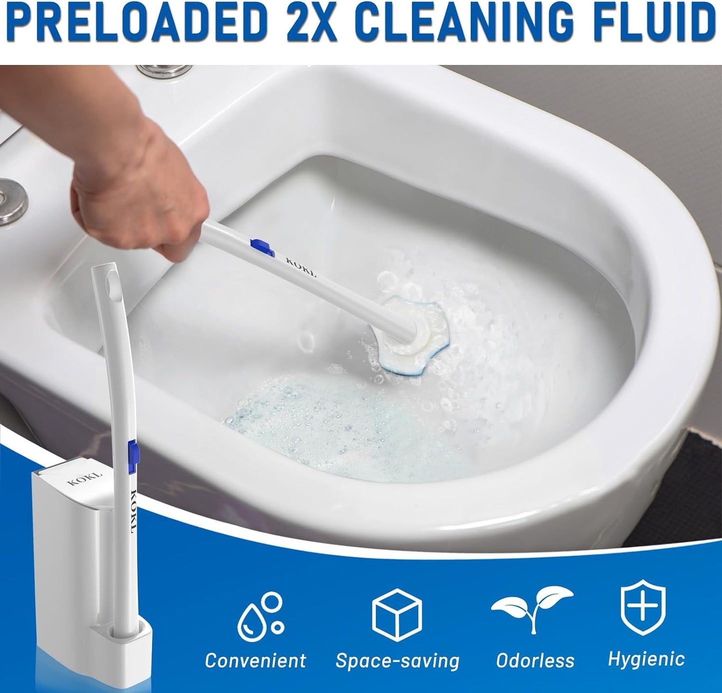 KOKL Disposable Toilet Brush, Toilet Bowl Cleaner Brush with 50PCS Toilet Brush Refills, Toilet Cleaner Refill Pads, Disposable Toilet Bowl Brush and Storage Caddy for Bathroom Cleaning(1-Set)