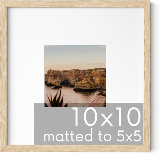 HAUS AND HUES Solid Oak 10”x10” Picture Frame Matted to 5”x5” - 10x10 Wood Frame for Wall, Square Frame with Mat, 10x10 Art Frame, 10x10 Square Photo Frame, Natural Wood Frames (Beige Oak Frame)