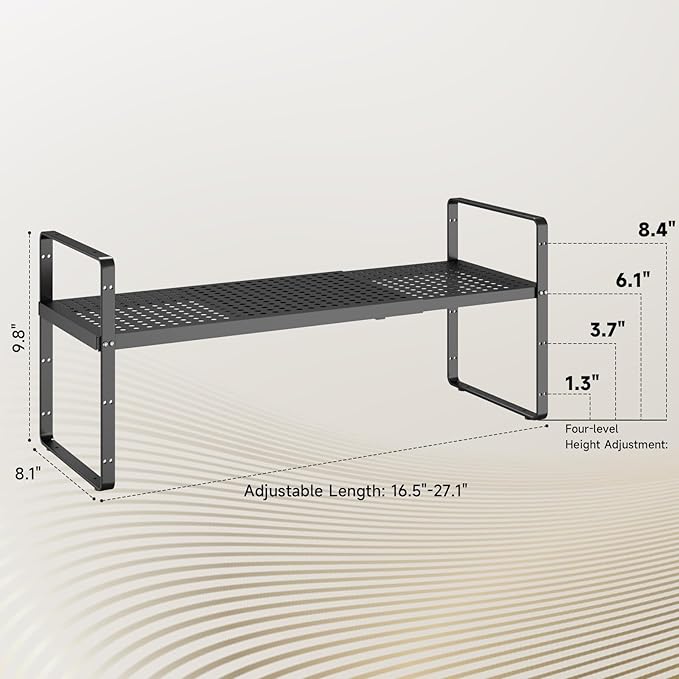 Hole Pattern Expandable Shelf Organizer,1Pack 8.1" Wide Easy to Assemble Cabinet Organizer Shelf, 16.5~27.1" Adjustable Height&Stackable Spice Organization for Cupboard, Black