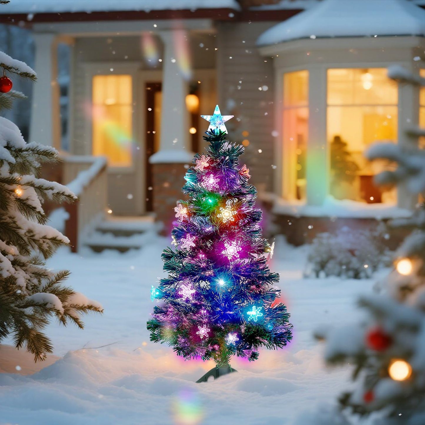 Juegoal 3 ft Pre-Lit Green Artificial Christmas Tree, Lighted Optical Fiber Table Mini Xmas Trees with Color Changing Lights, Snowflakes & Top Star, Fake Multicolored Tree for Festive Party Holiday