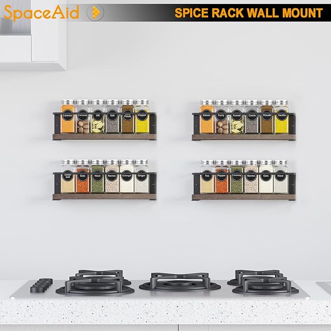 SpaceAid Spice Rack with 24 Spice Jars, 386 Spice Labels, Chalk Marker and Funnel, Wood Hanging Seasoning Shelf for Cabinet Door or Wall Mount (4 Pack)