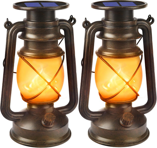 Solar Powered LED Lanterns Decorative Outdoor,2 Pack Bronze Vintage Lanterns with Dancing Flame,Waterproof Solar Hanging Lights for Camping Patio Garden Yard Pathway Decor