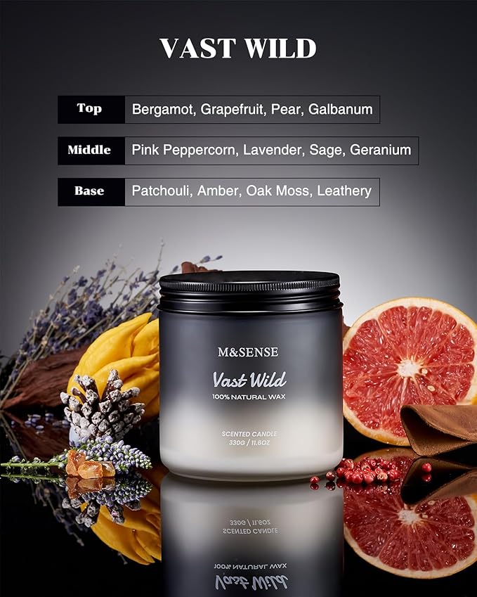 M&SENSE Sage Citrus Scented Candles for Men, 2 Wick 11.6oz Slow Burn 70 Hours Large Natural Soy Wax Clean Candle, Black Candle Luxury Manly Candles Home Fragrance Holiday Candle for Him