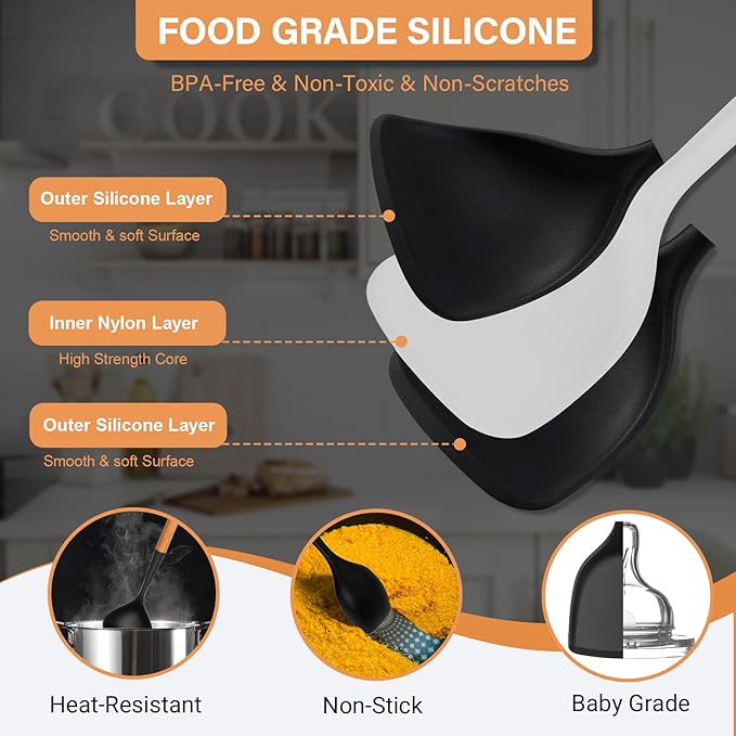 Silicone Cooking Utensils Set, 6 Pack Large Kitchen Utensils Set with Wooden Handle, Heat Resistant Silicone Utensil Spatula Set for Nonstick Cookware, Spatula, Turner, Spoon, Ladle BPA Free (Black)