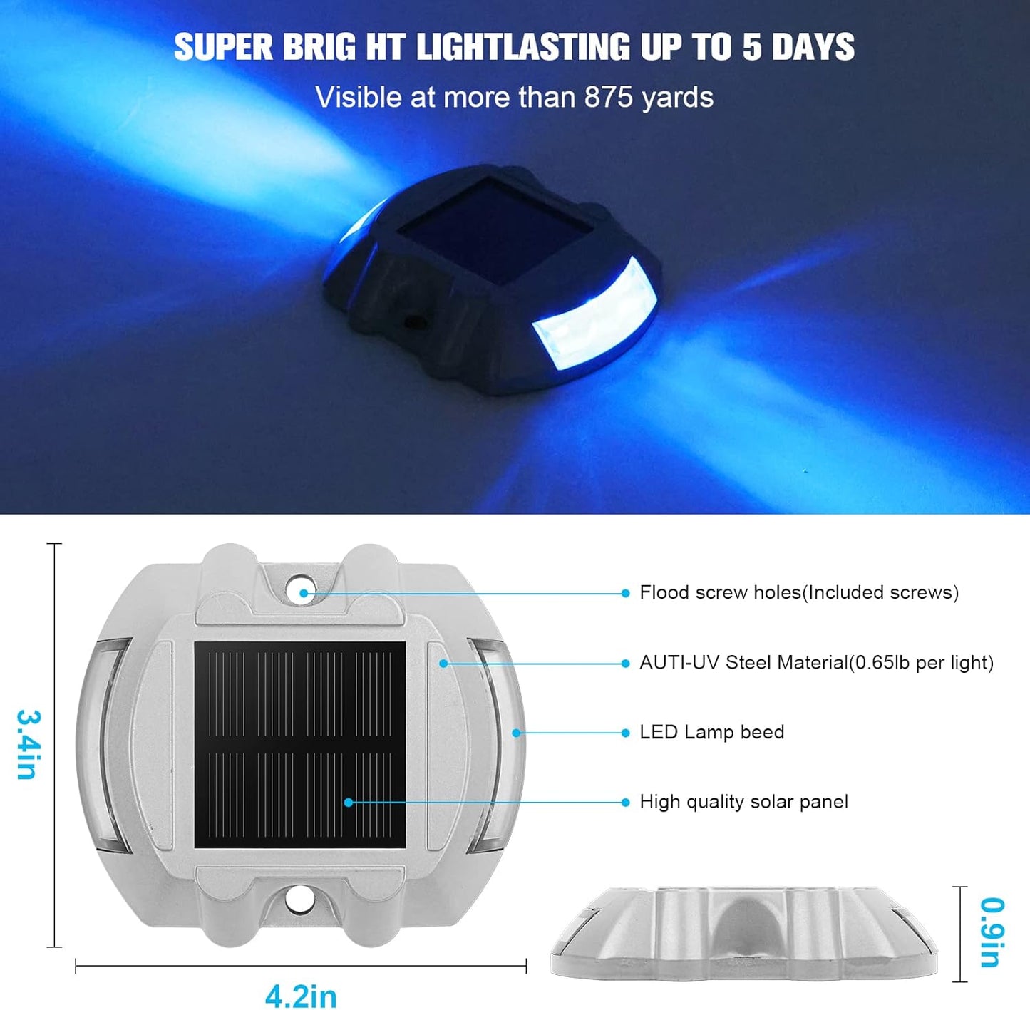 VOLISUN Solar Deck Lights, 8-Pack Led IP67 Waterproof Outdoor Warning Step Lights for Driveway, Sidewalk, Garden Pathway, Yard (Blue)