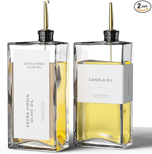 Olive Oil Dispenser for Kitchen, 16.9 oz/ 500 ml Olive Oil Dispenser Bottle, Glass Oil Bottles for Kitchen with 4 Stainless Steel Pourers, 40 Labels, 2 Pcs, Gold