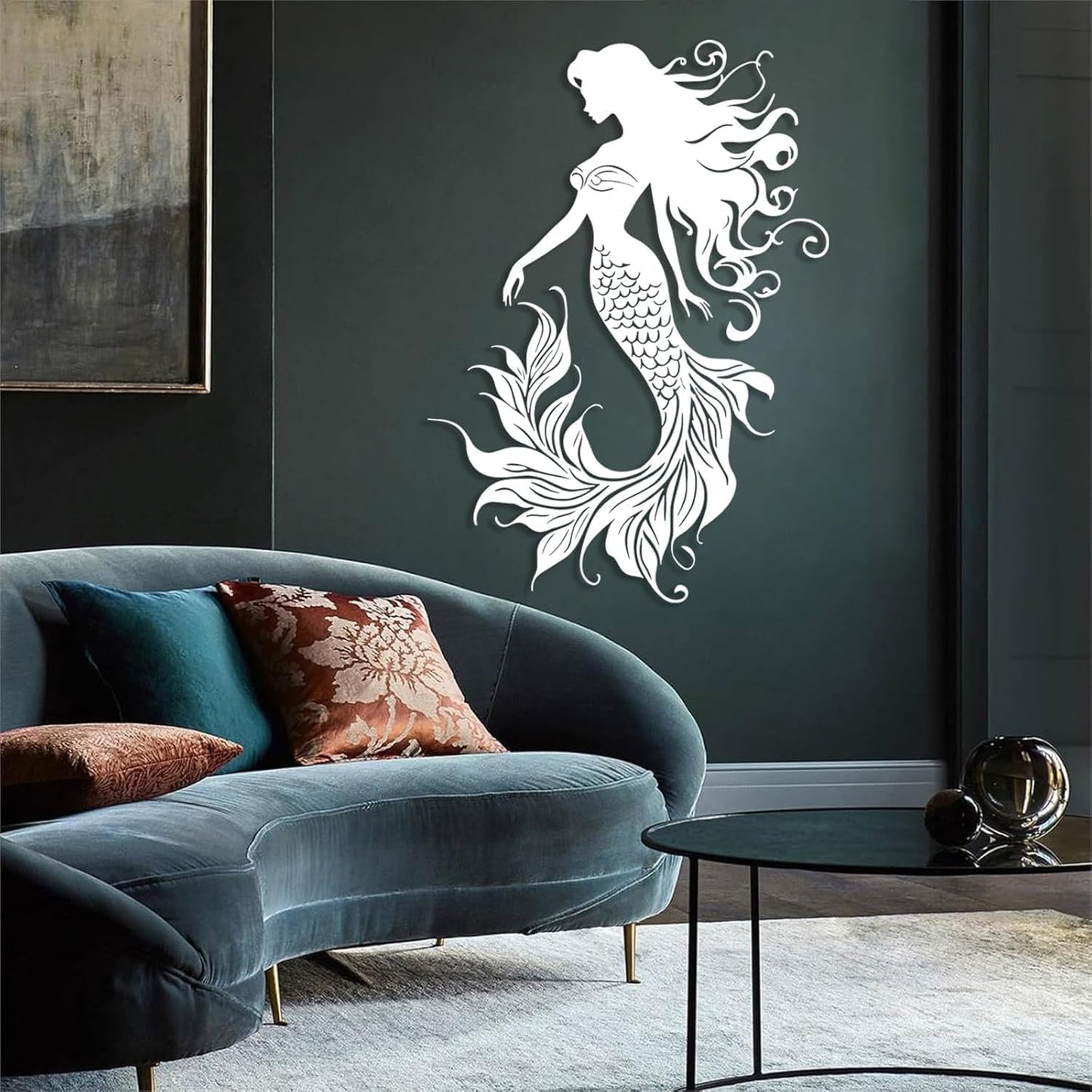 Veplsur Mermaid Metal Wall Art, Metal Mermaid Wall Decor, Marine Biology Wall Decor, Ocean Wall Art, Nautical Wall Hanging, Beach Hanging for Bathroom Bedroom (White, 41"x29"|105x75cm)