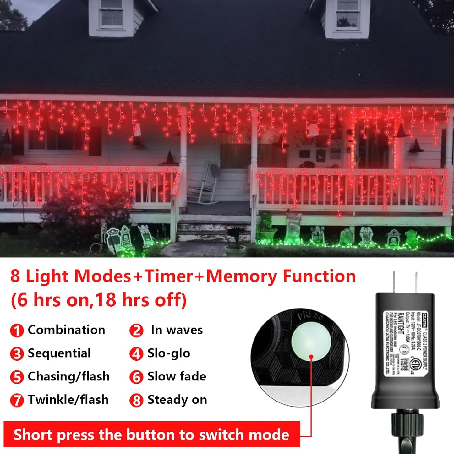 QITONG Red Halloween Lights for Outside, 66ft 800 LED Icicle Light with 8 Modes, 160 Drops Clear Wire Connectable Christmas Lights Indoor Plug in