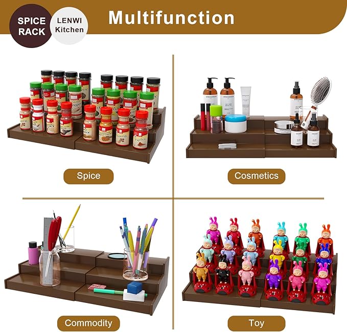 Spice Rack Organizer for Cabinet 2Pack, 3 Tier Expandable Bamboo Spice Storage, Great for Kitchen Cabinet, Cupboard,Pantry and More(Brown)