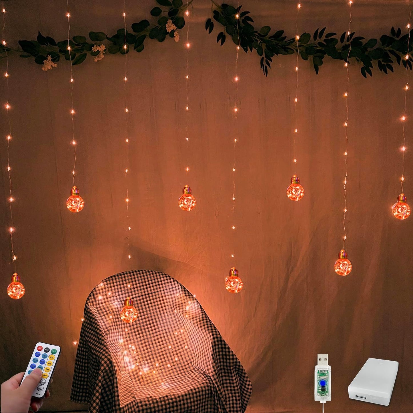 YOLIGHT Wishing Ball Curtain Lights 200 LED Window Curtain String Lights with Remote, USB Battery Powered Twinkle Globe Fairy Lights for Party Bedroom Christmas Halloween Decoration (Orange)