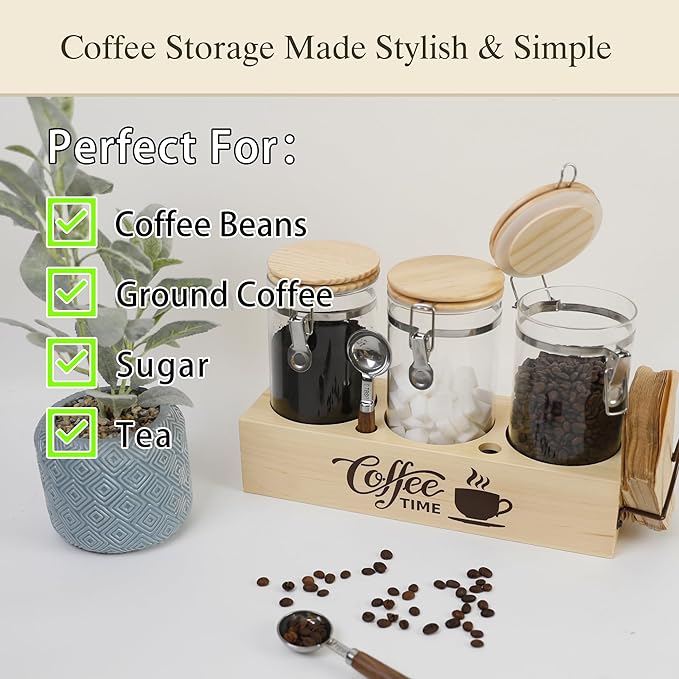Glass Coffee Canister Set with Shelf & Spoons 3 Piece Coffee Containers for Ground Coffee Coffee Bean Storage Airtight Seal, Coffee Bar Coffee Filter Holder for Kitchen Organization