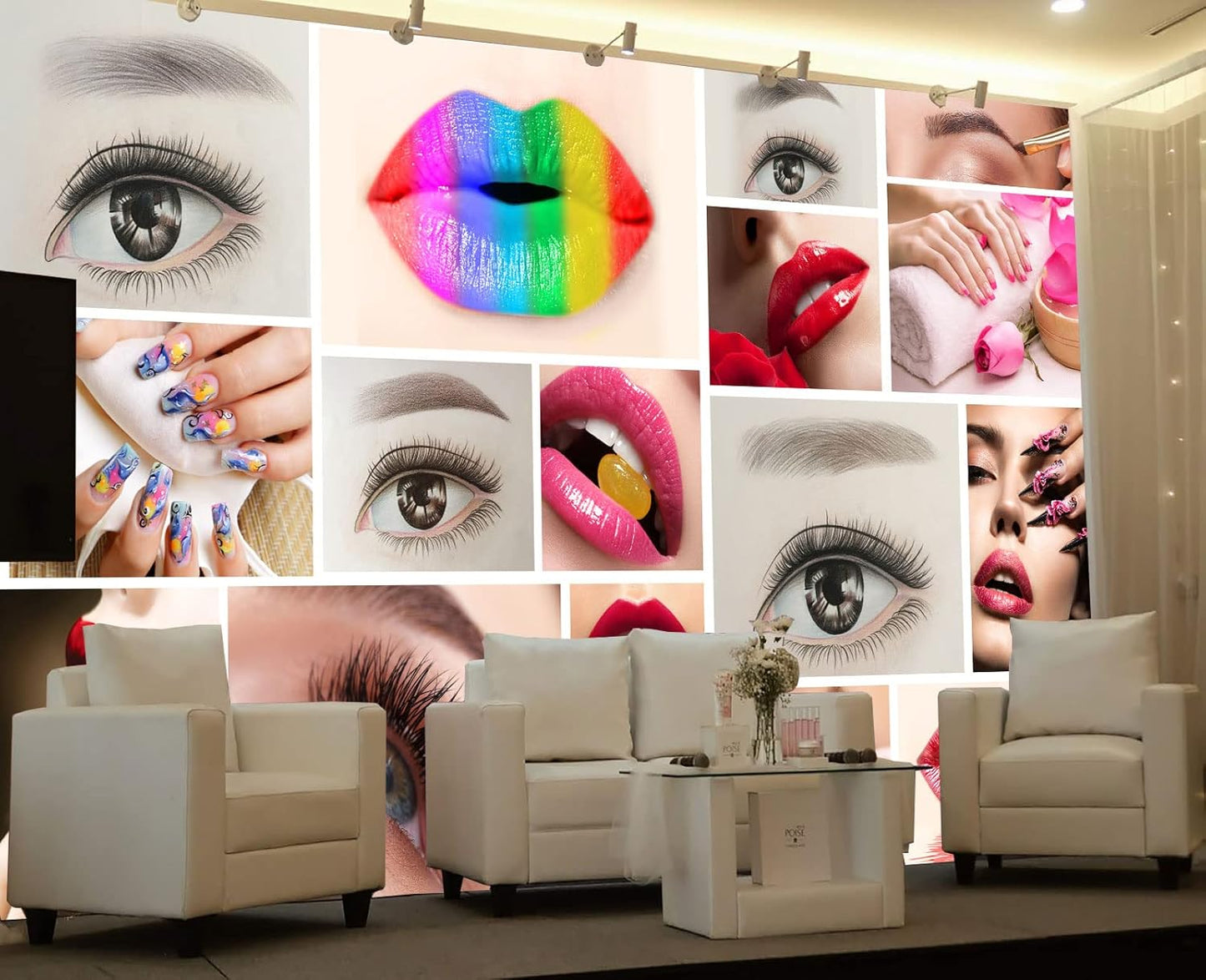 Beauty Salon Nail Enhancement Lipstick Eyelashes Wall Mural Wallpaper 137" x 100"