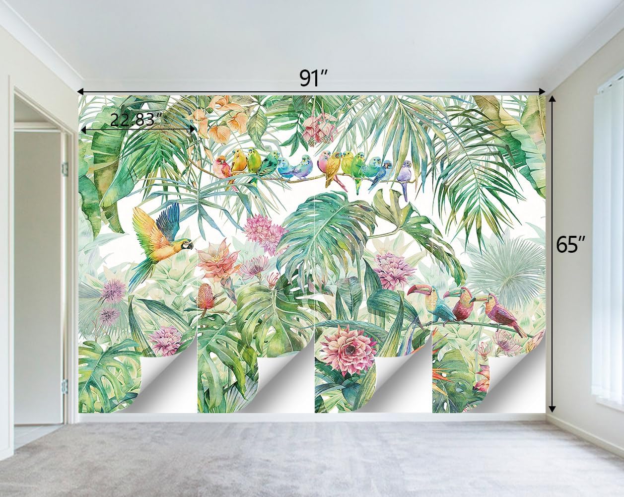 Tropical Green Botanical Flower Birds Leaf Wallpaper Bedroom Plant Floral Mural Room Decor Living Room tv Background Large Wall Mural - 91"x65" (Not Peel and Stick)