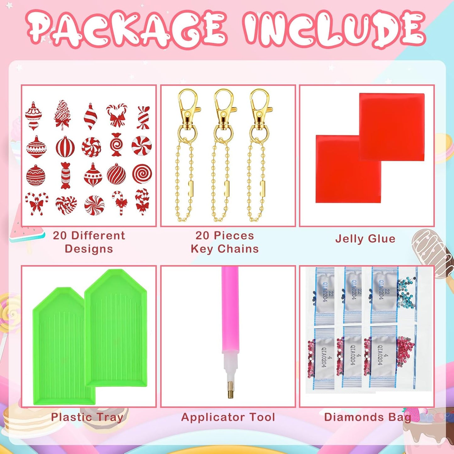 Tondiamo 20 Pcs Christmas Diamond Painting Keychain Kits 5D DIY Diamond Art Pendants Double Sided Hanging Key Chains for Christmas Party Decoration DIY(Cane Style)