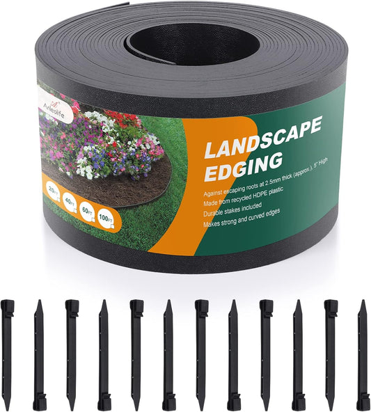 Black Plastic Garden Landscape Edging, 5” Tall Border Coil, Flexible and Strengthened with Anti-UV Treatment (100ft with 30pcs Stakes)